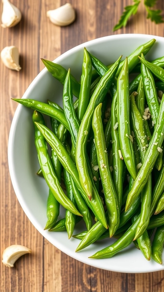 Crispy Air Fryer French Green Beans Recipe Crispy air fryer French green beans garnished with garlic and parsley in a bowl on a wooden table.